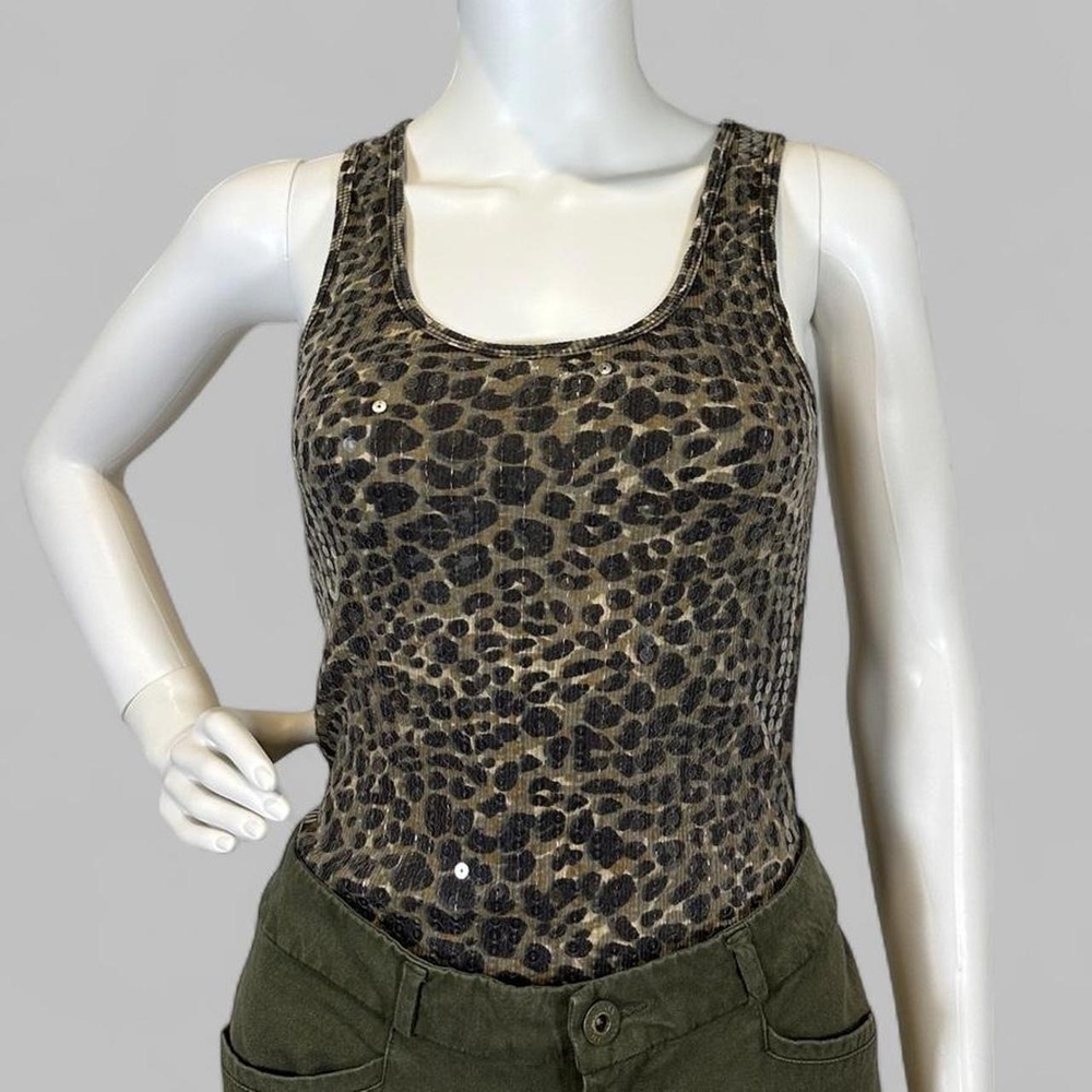 Almost Famous Leopard Print Sequin Tank Top Ribbed Animal Print Scoop Neck Brown